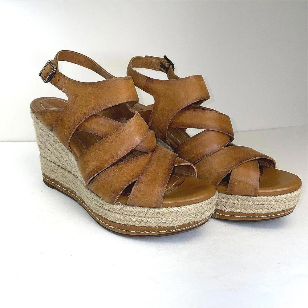 Clarks Tan Leather Strappy Indigo Espadrilles Platform Wedges Size 8